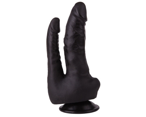 Двойной фаллоимитатор чёрного цвета на присоске - 17 см.