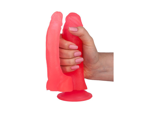 Двойной розовый фаллоимитатор на присоске - 15 см.