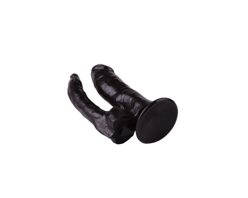 Двойной чёрный фаллоимитатор на присоске - 15 см.