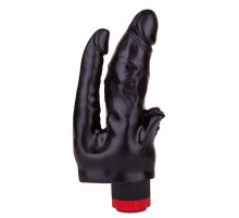 Чёрный вибромассажёр с двумя стволами и лепестками - 17 см.