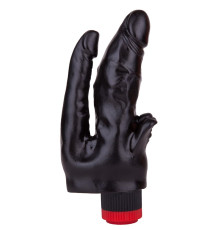 Чёрный вибромассажёр с двумя стволами и лепестками - 17 см.