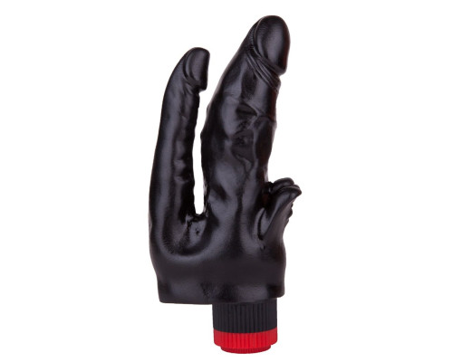 Чёрный вибромассажёр с двумя стволами и лепестками - 17 см.