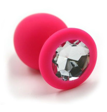 Розовая силиконовая анальная пробка с прозрачным кристаллом - 7 см.