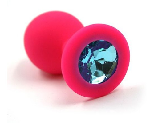 Розовая силиконовая анальная пробка с голубым кристаллом - 7 см.