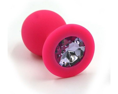 Розовая силиконовая анальная пробка с светло-фиолетовым кристаллом - 7 см.