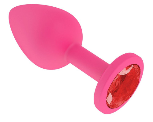 Розовая силиконовая анальная втулка с красным кристаллом - 7,3 см.