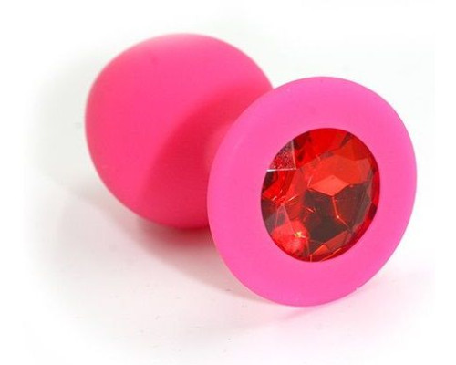 Розовая силиконовая анальная пробка с красным кристаллом - 7 см.