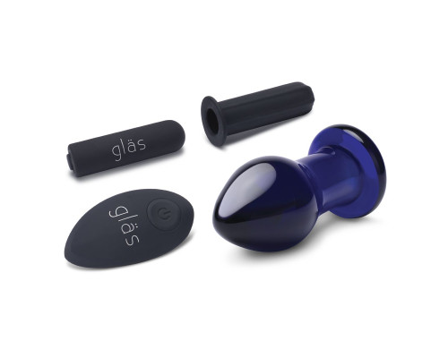 Синий стеклянный анальный вибратор с пультом ДУ - 9,5 см.