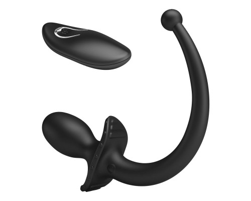 Черная анальная вибропробка с  хвостом и пультом ДУ