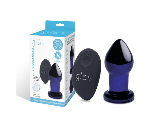 Синий стеклянный анальный вибратор с пультом ДУ - 9,5 см.