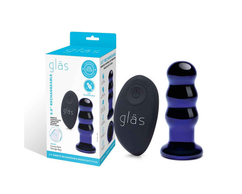 Синий стеклянный анальный стимулятор на дистанционном управлении Beaded Buttplug