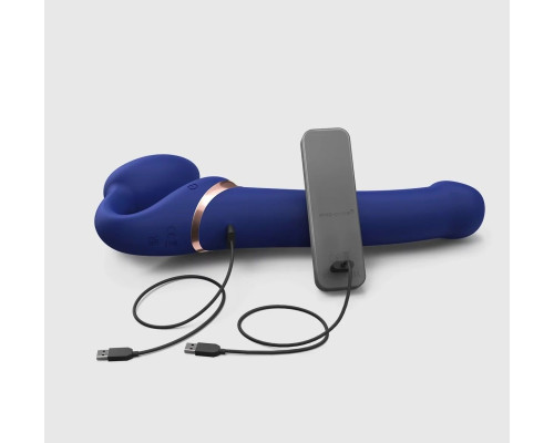 Синий безремневой страпон Multi Orgasm Bendable Strap-On size L с клиторальной стимуляцией