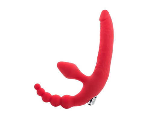 Красный безремневой страпон с вибрацией и анальным отростком