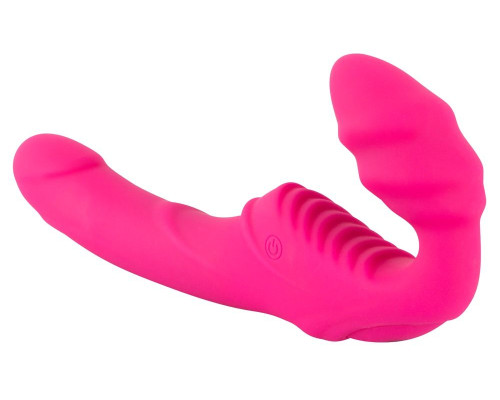 Розовый безремневой страпон с вибрацией