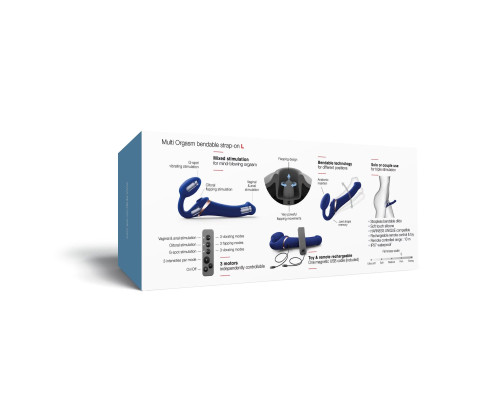 Синий безремневой страпон Multi Orgasm Bendable Strap-On size L с клиторальной стимуляцией