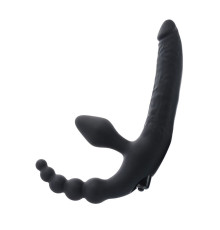 Чёрный безремневой страпон с вибрацией и анальным отростком