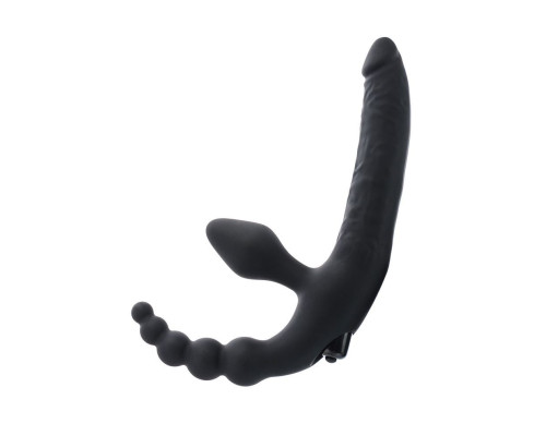 Чёрный безремневой страпон с вибрацией и анальным отростком