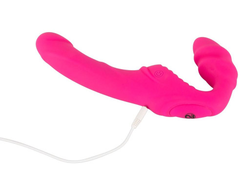 Розовый безремневой страпон с вибрацией