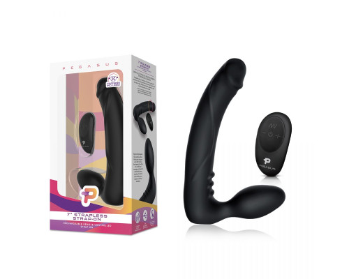 Черный безремневой страпон с вибрацией - 20,3 см.