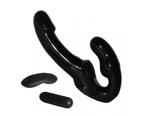 Черный безремневой анатомический страпон с вибрацией
