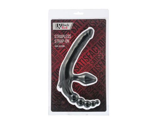 Чёрный безремневой страпон с вибрацией и анальным отростком