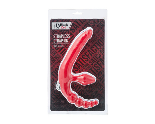 Красный безремневой страпон с вибрацией и анальным отростком