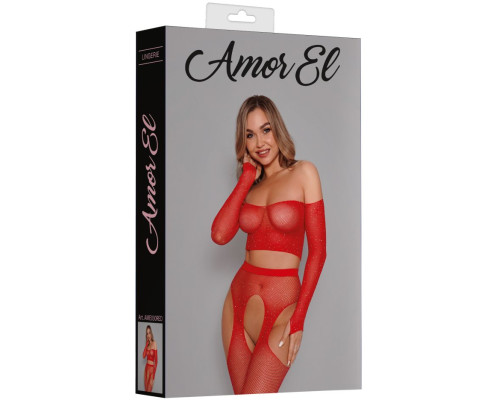 Эффектный сетчатый комплект: топ с рукавами и чулки на поясе