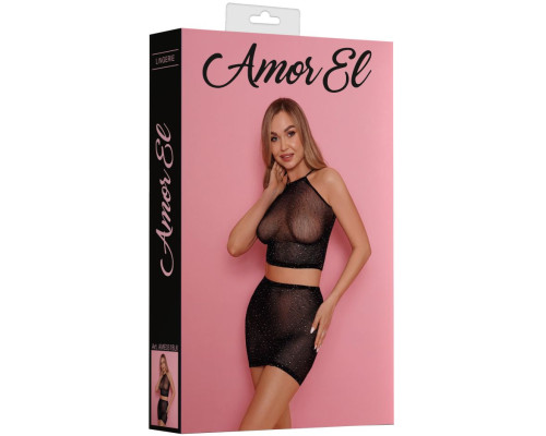 Сетчатый комплект из топа и юбки со стразами