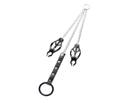 Черно-серебристые зажимы для сосков с кольцом для пениса TOYFA Metal