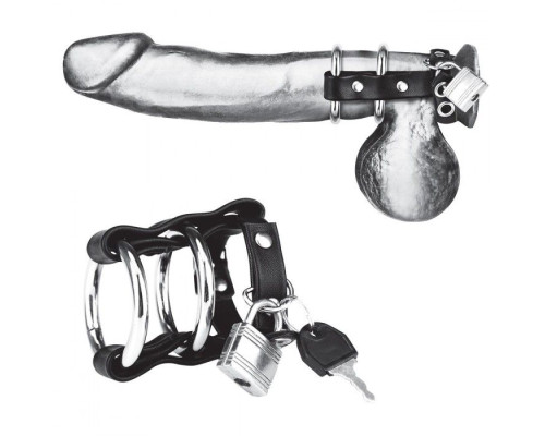 Двойное металлическое кольцо на пенис с замком на ремне