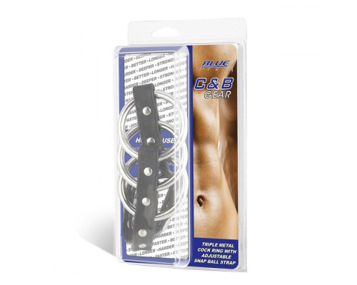 Тройное металлическое кольцо на пенис с регулируемым ремешком