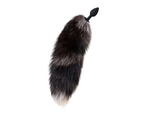 Черная силиконовая анальная втулка с хвостом чернобурой лисы - размер S