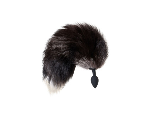 Черная силиконовая анальная втулка с хвостом чернобурой лисы - размер S