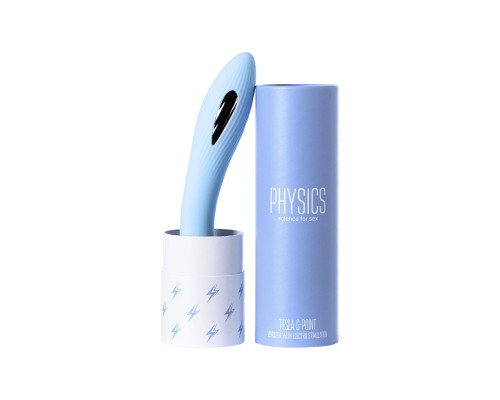 Голубой силиконовый вибратор с электростимуляцией TESLA G-POINT - 21 см.