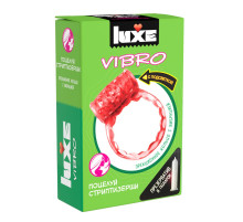 Розовое эрекционное виброкольцо Luxe VIBRO «Поцелуй стриптизёрши» + презерватив