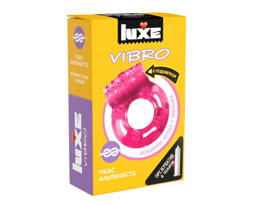 Розовое эрекционное виброкольцо Luxe VIBRO «Ужас альпиниста» + презерватив