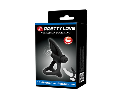 Черное эрекционное кольцо с 10 режимами вибрации и подхватом мошонки