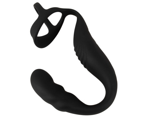 Черное эрекционное кольцо со стимуляцией промежности и анальной пробкой Cock Ring with RC Prostate Plug