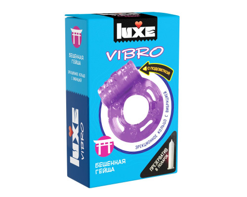 Фиолетовое эрекционное виброкольцо Luxe VIBRO «Бешеная Гейша» + презерватив