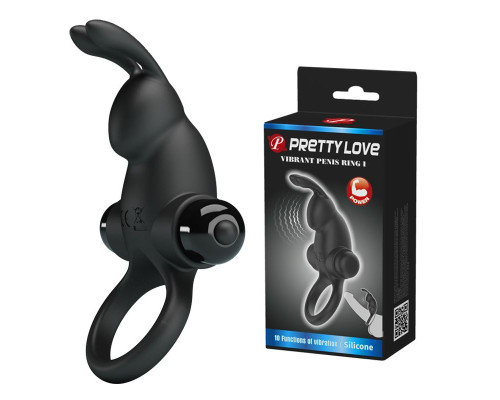 Черное эрекционное кольцо с выступом-зайчиком для стимуляции клитора