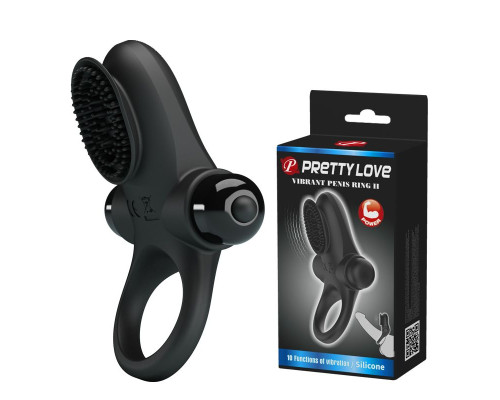 Черное эрекционное виброкольцо в клиторальной щеточкой Vibrant Penis Ring II