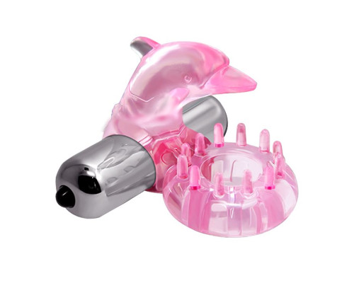 Розовое виброкольцо-дельфин с шипами