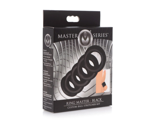 Комплект из 5 черных эрекционных колец для мошонки Ring Master Custom Ball Stretcher Kit