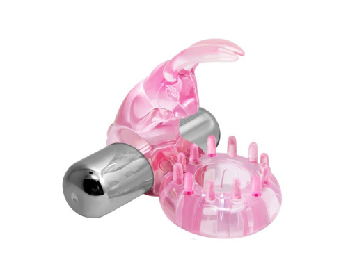 Эрекционное розовое виброкольцо с клиторальным зайчиком