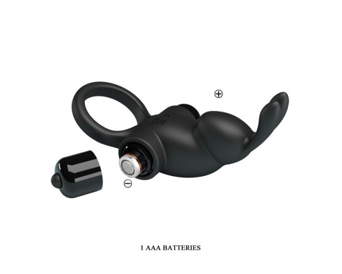 Черное эрекционное кольцо с выступом-зайчиком для стимуляции клитора