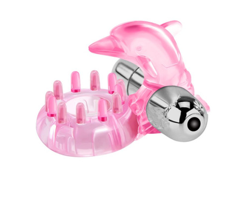 Розовое виброкольцо-дельфин с шипами