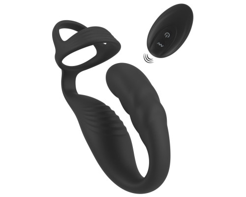 Черное эрекционное кольцо со стимуляцией промежности и анальной пробкой Cock Ring with RC Prostate Plug