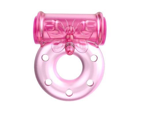 Розовое эрекционное кольцо с бабочкой на вибропуле