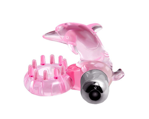 Розовое виброкольцо-дельфин с шипами