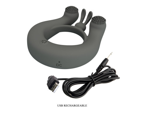 Серое эрекционное кольцо Dahlia с 2 стимулирующими щеточками